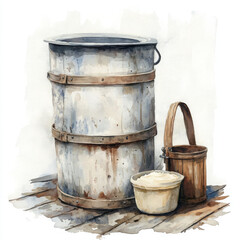 Rustic buckets gleam gently, evoking peaceful, rural nostalgia