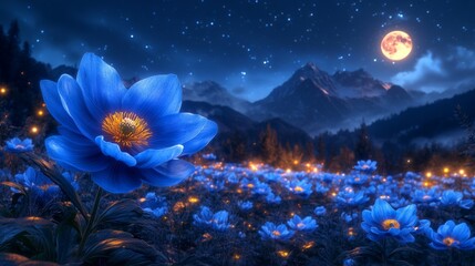 Obraz premium The blue flower blooms in the night sky on the forest background with moonlight shining on it, fantasy style.