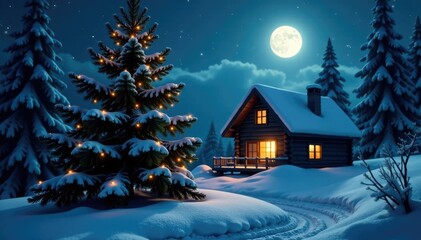 Fototapeta premium Snowflakes gently falling on a peaceful fir tree under a bright full moon shining through the windows of a cozy cabin, serene, snowy woods