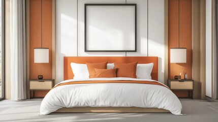 A modern, airy bedroom with orange and white walls, light wood paneling, and contemporary furnishings