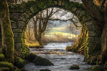 Mossy stone arch framing a tranquil river scene