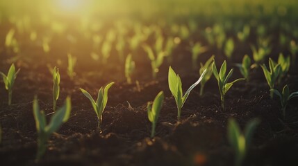 Young corn sprouts growing in the soil, blurred background. Plant background.