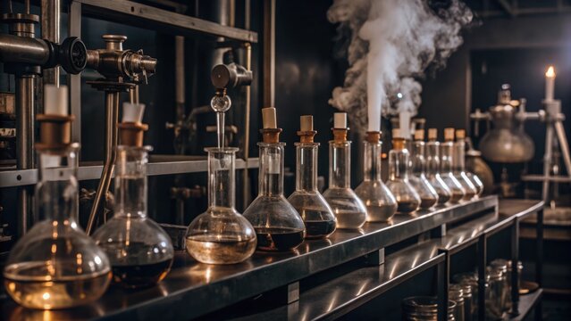 an old laboratory with flasks filled with liquids, and steam rising. It evokes a sense of discovery and innovation