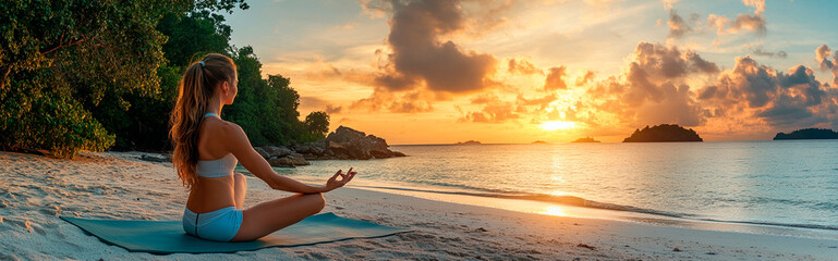 Fototapeta premium Dynamic fitness shot of a young woman stretching on a yoga mat, sunrise on the beach, toned physique, healthy lifestyle, professional commercial photo