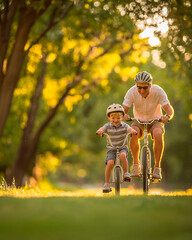 Father teaching his young son how to ride a bicycle in the park, golden hour lighting, genuine smiles, lush green background, natural motion blur 