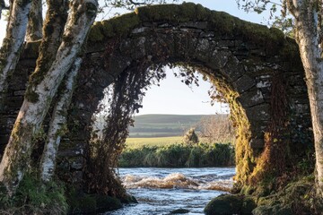 Mossy stone arch bridge over rushing water, framed by trees