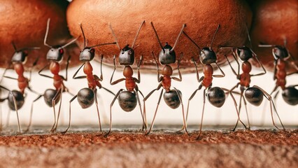 A group of ants working together to carry a large object, showcasing teamwork and strength