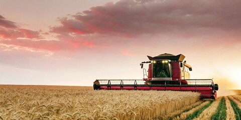 Obraz premium a harvester working in a golden wheat field at sunset. The machine moves through the tall grain, leaving behind neat rows