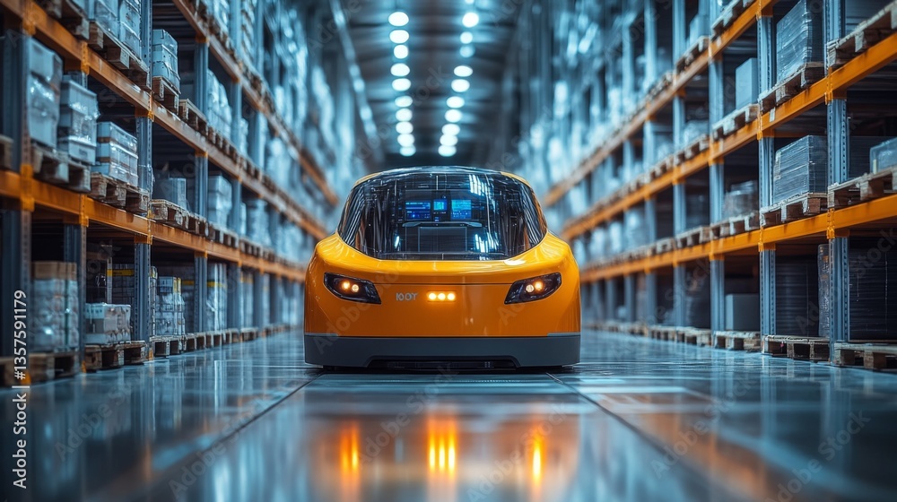 Aufkleber an automated vehicle moves seamlessly through a vast warehouse, expertly navigating aisles lined wit