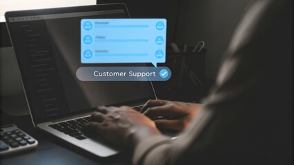 a person using a laptop with customer support concept pop up window