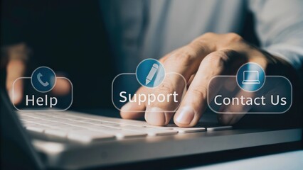close-up shot of hands typing on a laptop, with a focus on the "Help", "Support", and "Contact Us" buttons