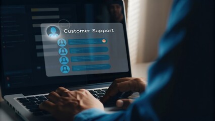 A person typing on a laptop screen. Focused on Customer support interface