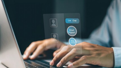 a person is using laptop and accessing live chat, email support, and FAQ buttons on a user interface