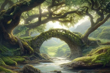 Fleecedeken met foto Sunlit stone arch bridge in a mossy, enchanted forest © Abdi