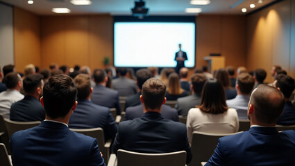 Professional Business Conference – Audience Listening to Speaker in Modern Auditorium
