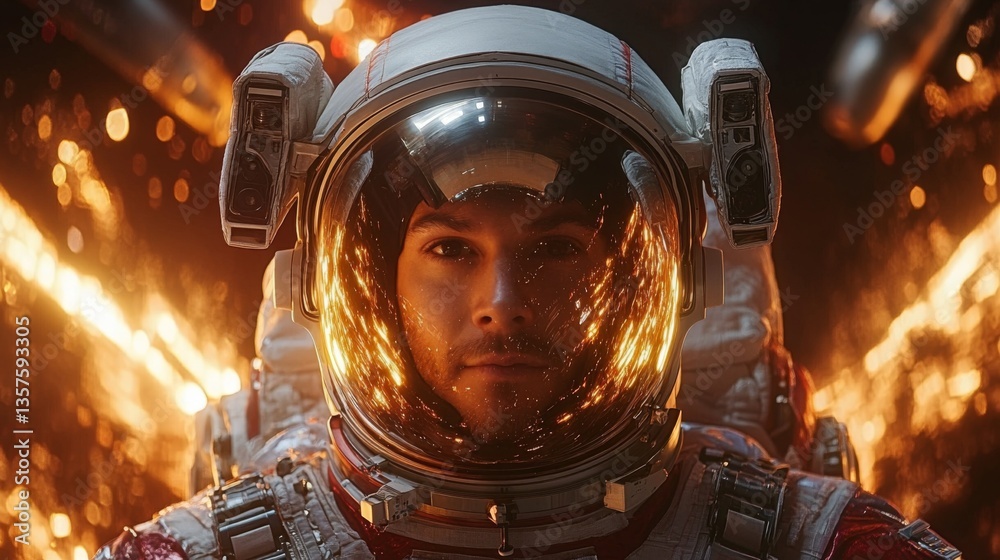 Poster An astronaut stands ready for reentry, with sparks and flames reflecting off the helmet, illustrating the challenges of spaceflight and advanced propulsion methods in recovery.