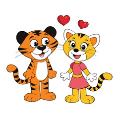 A majestic tiger couple lounges together, their fur brushed by the golden sun. They nuzzle affectionately, eyes filled with warmth, embodying love and wild devotion.