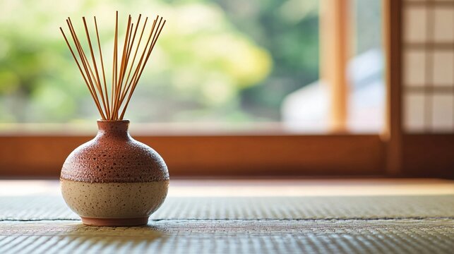 Close up of a traditional Japanese-style aroma diffuser with bamboo reeds and ceramic base, placed on a minimalist tatami mat background