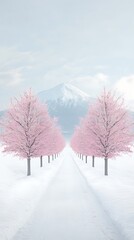Obraz premium Pink Trees for Snowy Path, Mountain View.