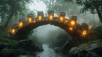 Enchanted Stone Bridge with Runes in Misty Forest, Fantasy Landscape