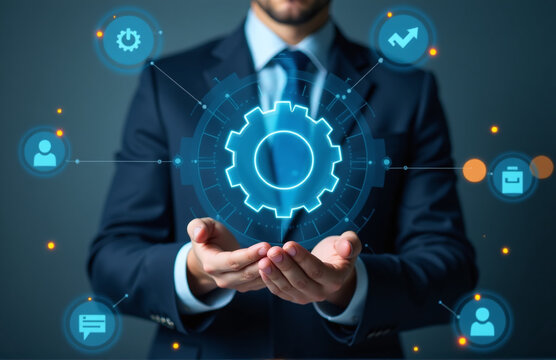 Businessman Holds A Virtual Gear Icon To Represent Improved Productivity And Management Efficiency Through Rpa Technology Implementation.
