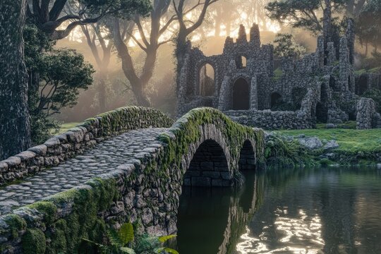 Mossy stone bridge over calm water, leading to ancient ruins shrouded in mist