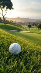 White Golf Ball Resting on Green Grass with Scenic Golf Course Views During Sunset, Perfect Leisure Activity.