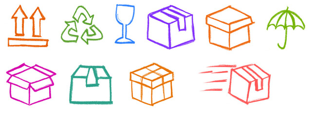 Shipping Box Icons Crayon Chalk Drawing Vector Set