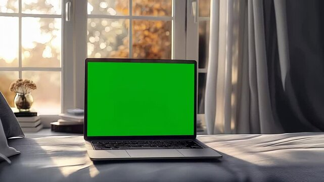 Soft sunlight illuminating minimalist bedroom, green screen laptop sitting on rumpled bedding, embodying casual remote working setup