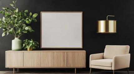 Obraz premium A modern living room interior in 3D, with a matte black wall as the backdrop