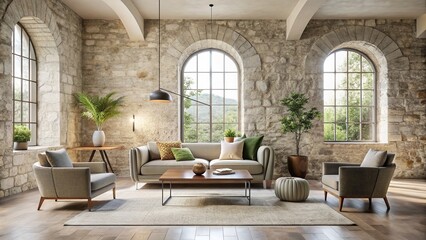 Minimalist Castle Interior: Elegant Stone Walls & Modern Furnishings