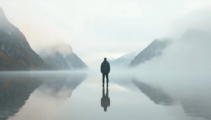 Obraz premium Man Contemplates Misty Fjord Reflection.