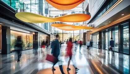Fototapeta premium Blurred people walking in motion in modern lobby. 