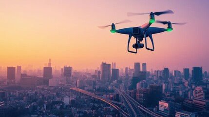 Carbon-neutral cities renewable and innovation, A drone hovers over a vibrant city skyline at sunset, showcasing urban life and modern technology in a stunning visual contrast.