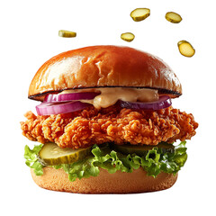 A Crispy Fried Chicken Burger with Pickles and Mayo Isolated on Transparent Background