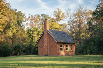 Obraz premium There is a small brick house with a chimney in the middle of a field