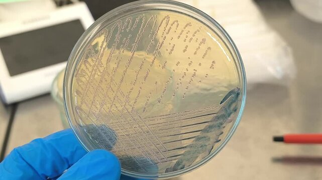 Footage microbiology lab doctor holding petri dish with Serratia marcescens colony,  a species of rod-shaped, Gram negative bacteria in the family Yersiniaceae. 