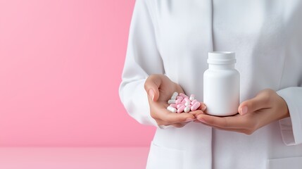 Sick Asian Young Woman Holding Pill and Medication Bottle