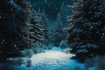 Snowy forest with trees and snow on the ground. The snow is falling and the trees are bare