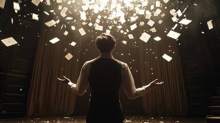 A man on stage, surrounded by falling papers, bathed in light