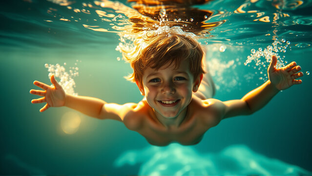 Portrait of a boy swimming underwater in a pool. A joyful child looks at the camera.