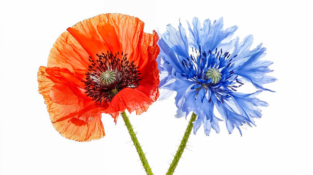 fleurs de coquelicots et de bleuets pour la c&eacute;l&eacute;bration de l'armistice du 8 mai 1945 - fond blanc