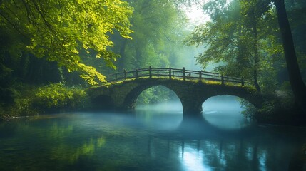 Mystical Stone Bridge over Tranquil River shrouded in Morning Mist