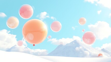 Pastel Balloons Soar Snowy Mountainscape.