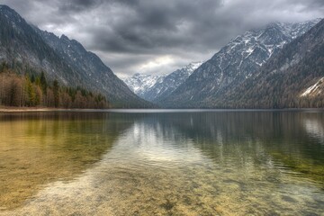 Naklejka premium Calm lake reflecting snow-capped mountains under a dramatic sky