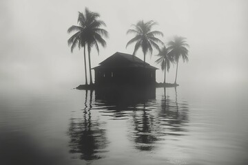 Misty Island House, Tranquil Morning Scene