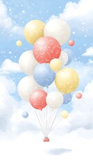 Pastel Balloons Soar Winter Sky.