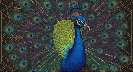 Obraz premium Majestic Peacock Displaying Vibrant Plumage Against Geometric Art Deco Backdrop