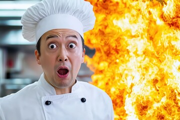 Chef Surprised by Kitchen Fire Du Culinary Performance Amidst Sizzling Sounds and Chaotic Scenes in Busy Restaurant Kitchen