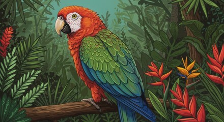Obraz premium Vibrant macaw perched amidst a lush tropical jungle illustration scene